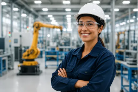 woman in white hard hat on factory floor
