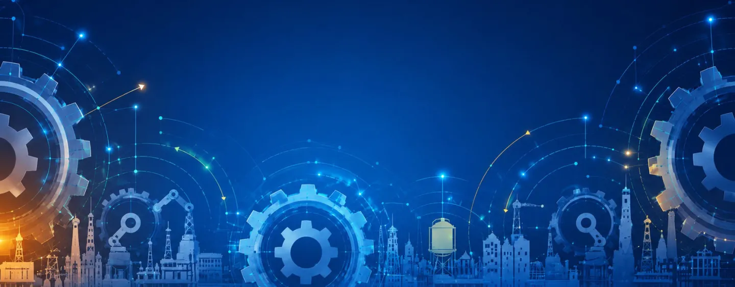 graphic with blue background and silhouettes of buildings  